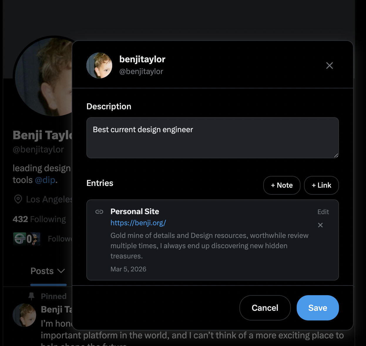 Author memo panel with description and a saved link entry