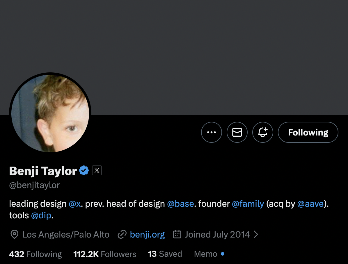 X profile page showing Saved and Memo stats alongside Following and Followers